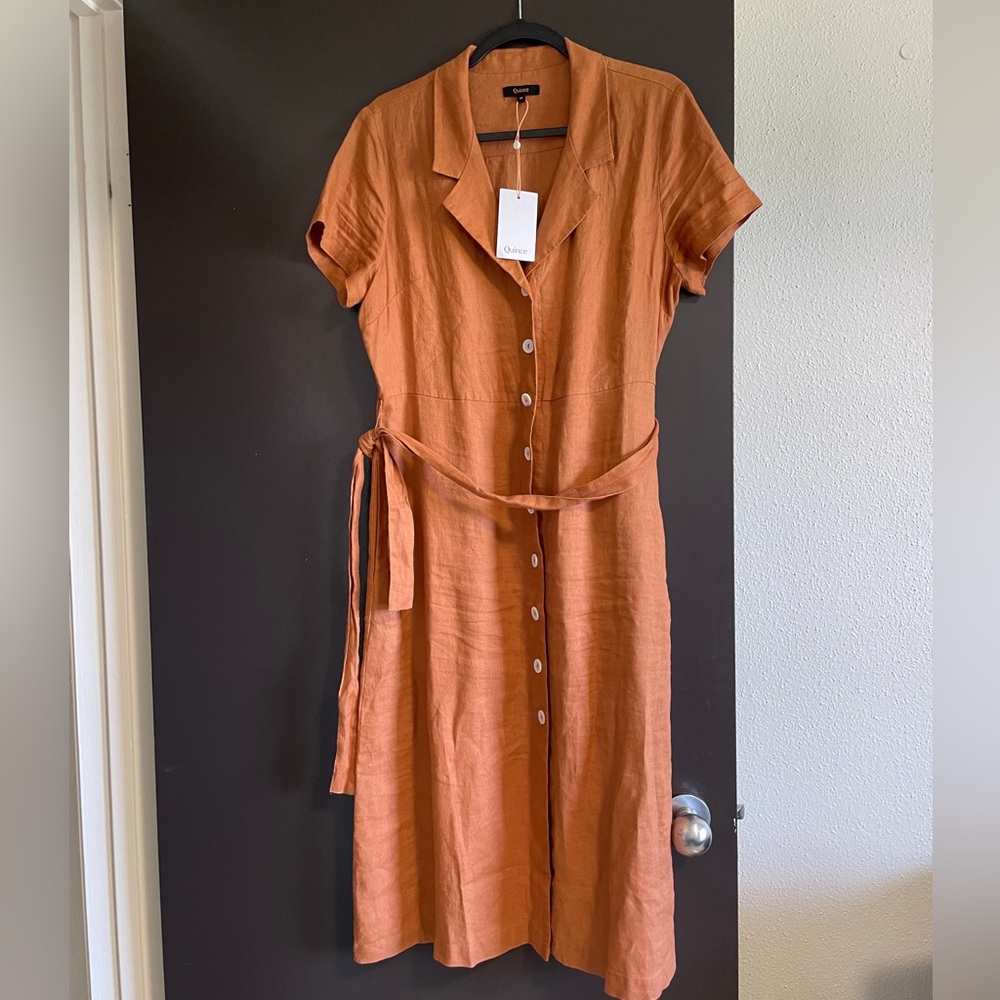 Quince Terracotta Linen Button Front Midi Dress sz M NWT ALine Belt Short Sleeve